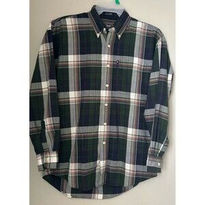 Ralph Lauren Chaps Shirt XL Easy Care Button Up Long Sleeve Green Plaid Cotton